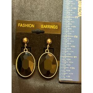 Vintage 80s Old Stock Black Faceted Drop Earrings Gold Tone Statement
